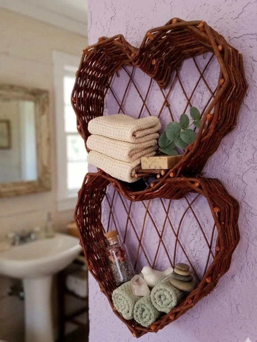 💕Vintage Cottagecore Willow Branch Duo Heart Wall Shelf Rustic Farmhouse Decor